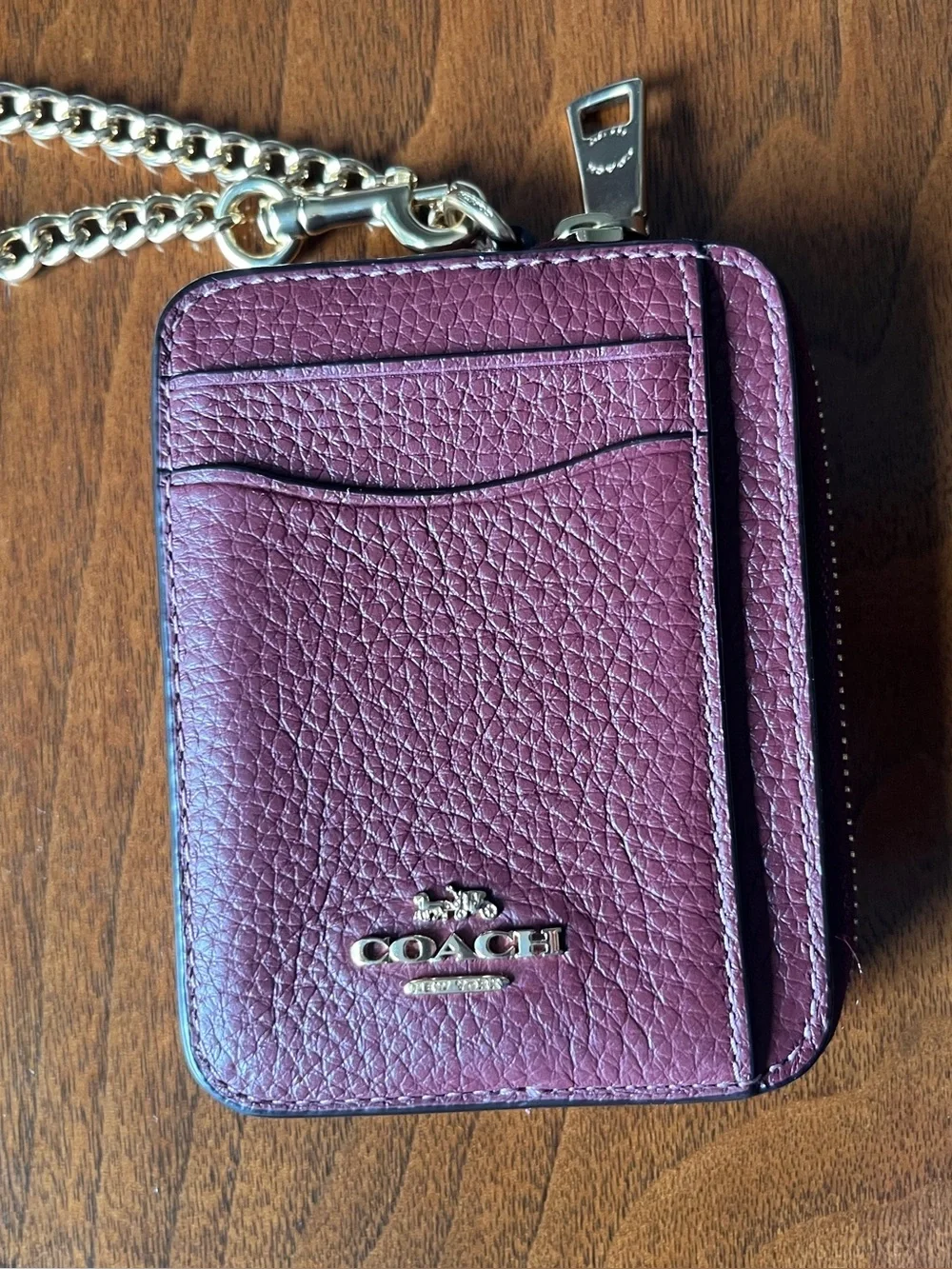 COACH  zip leather card case/ mini wallet/ wristlet in Gold/Wine! Perfect size!